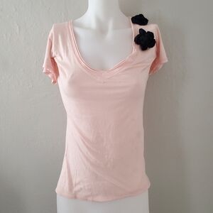 Young Fabulous & Broke Pink Vneck Shortsleeve Tee with Black Flowers Medium